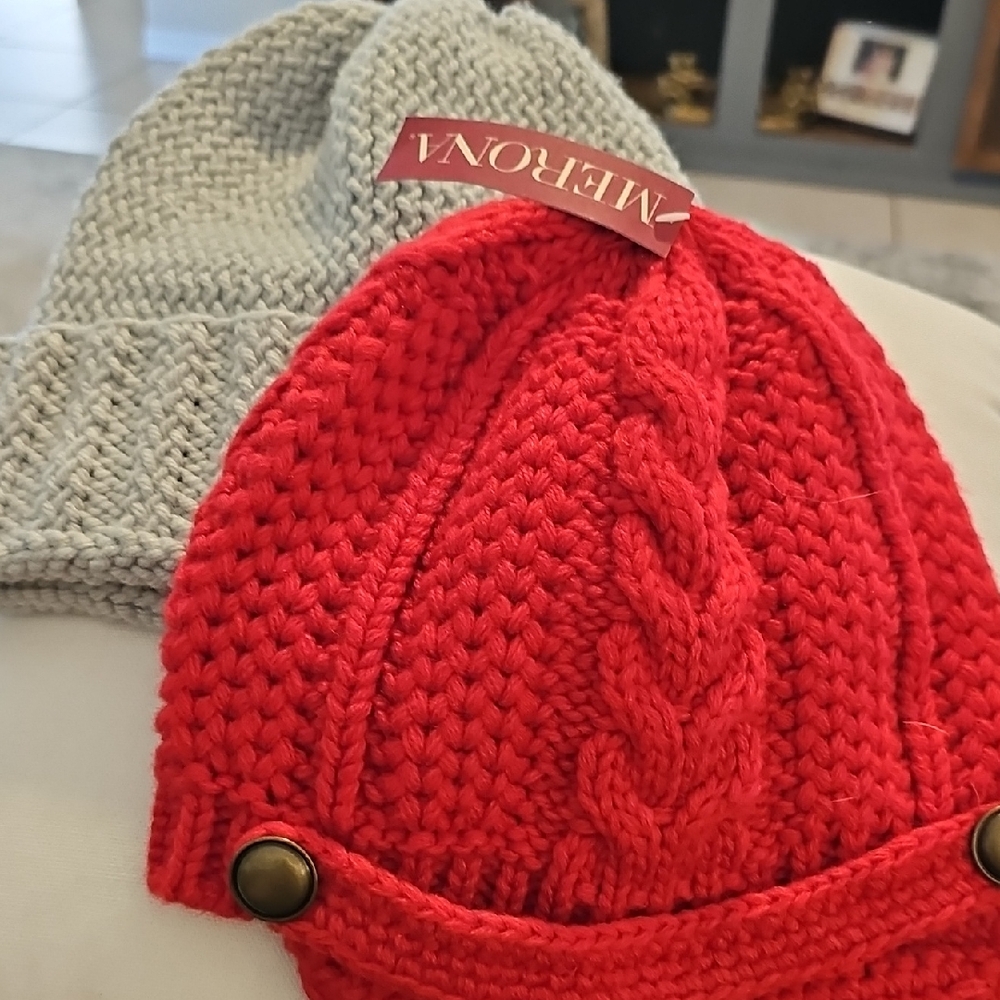 Merona Red‎ and Gray Knit  Beanie Hats There Are 2, Gray Hand Made. Hed Merona.